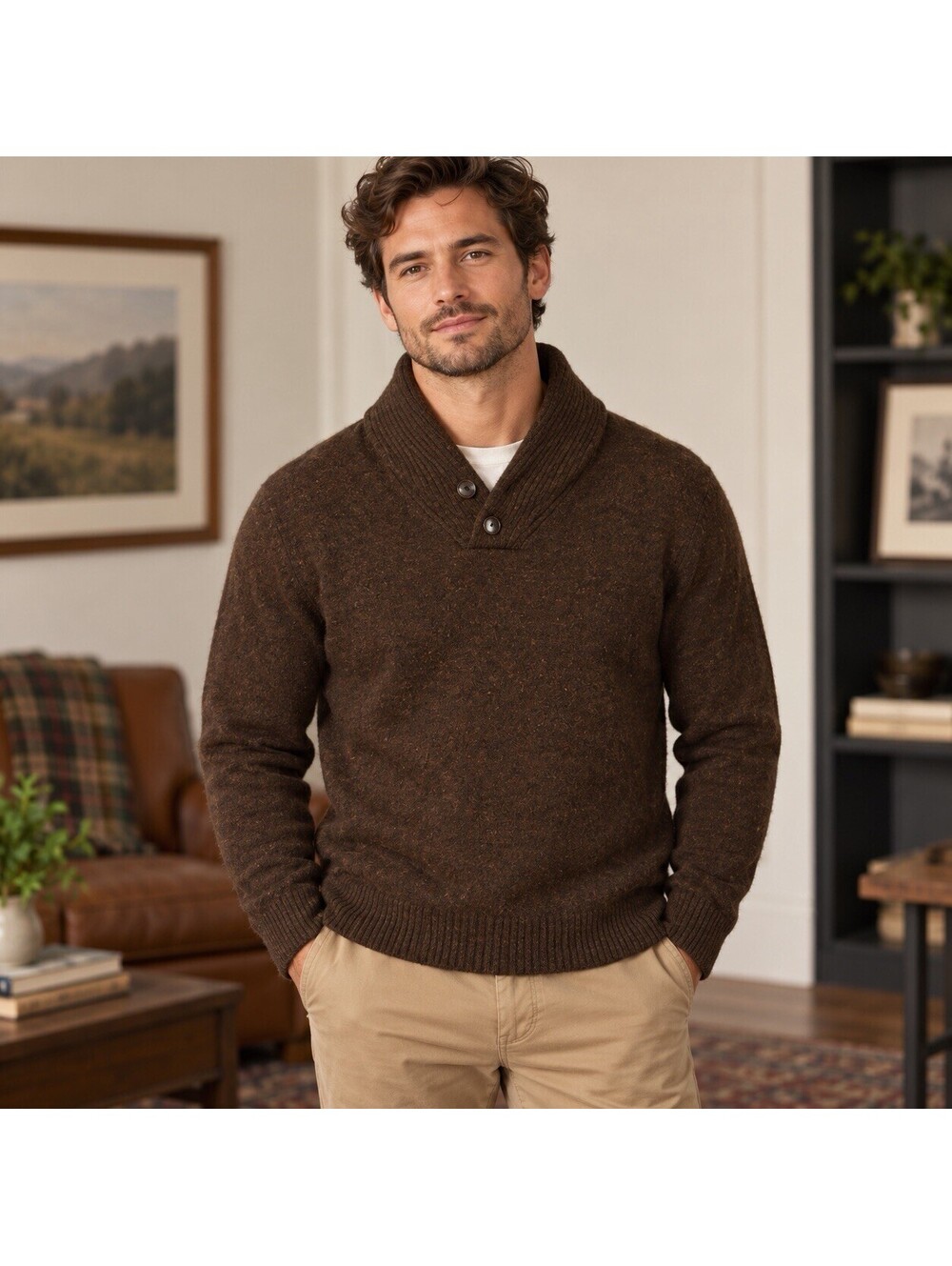J Crew Rugged Merino Wool Sweater Mens M Brown Shawl Collar J7736 Pullover